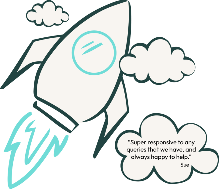 Illustration of a rocket beside a customer testimonial