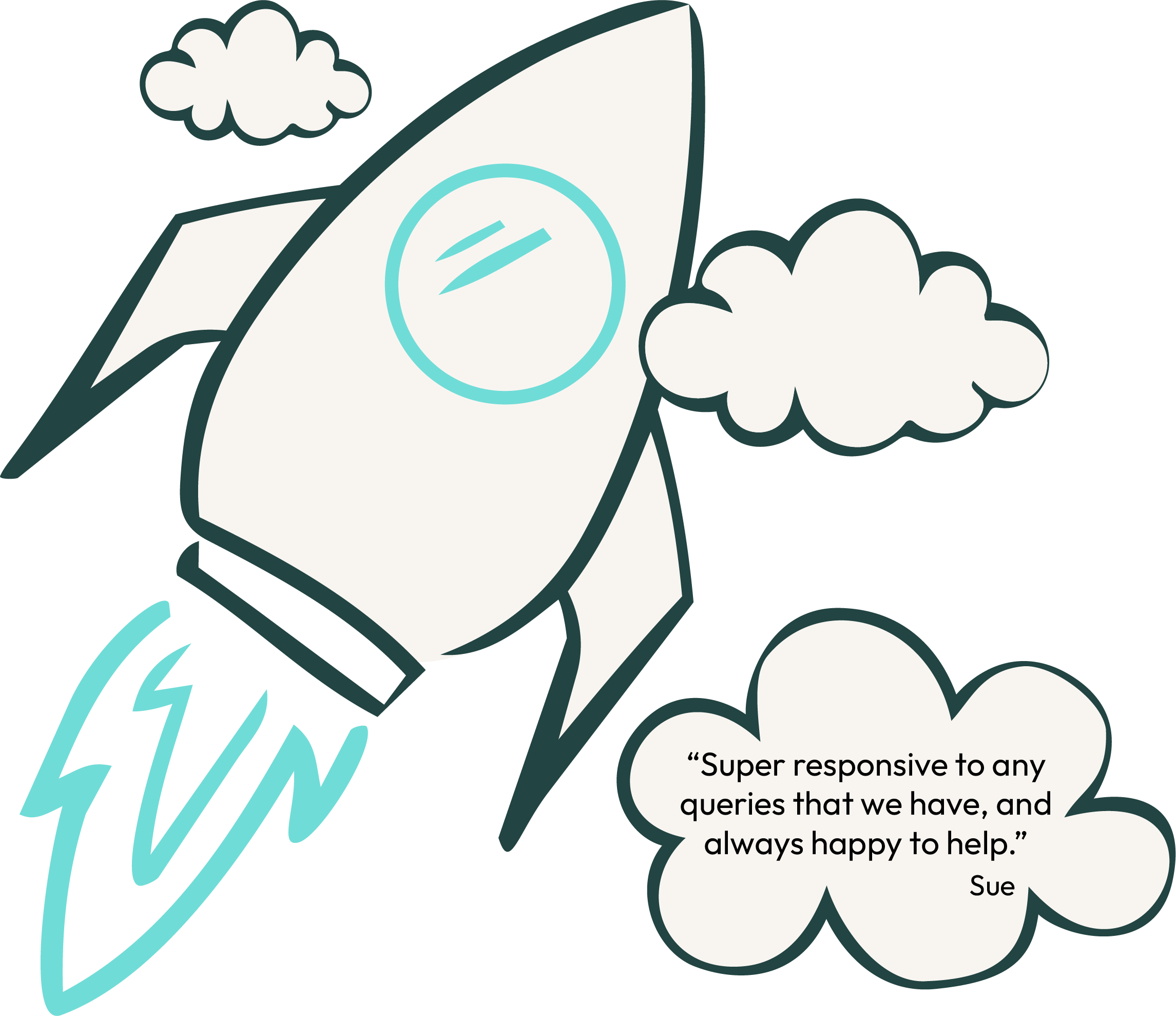 Illustration of a rocket beside a customer testimonial