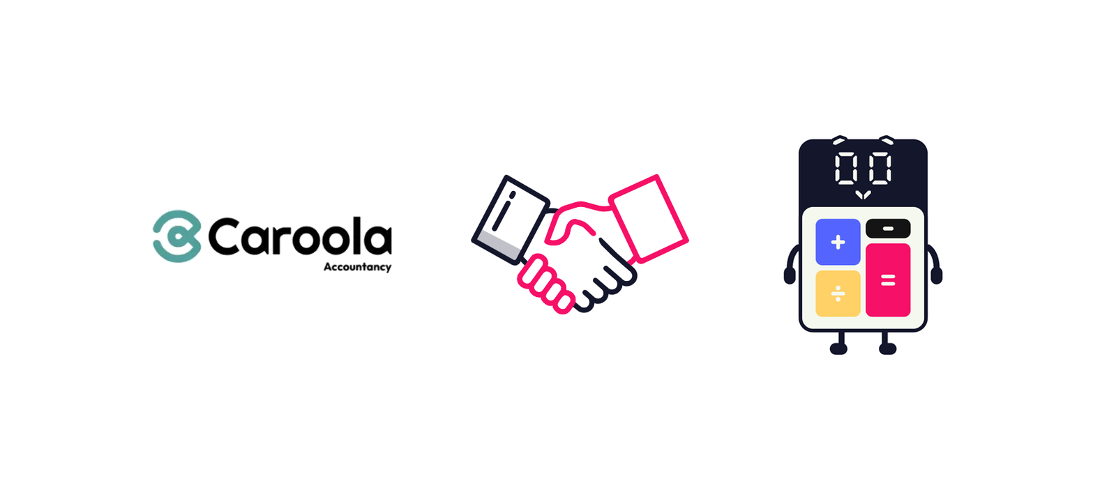 Logo reading "Caroola Accountancy" sits left, a pink-and-navy handshake icon connects two stylized hands center, and a cartoon calculator character stands right against a white background.